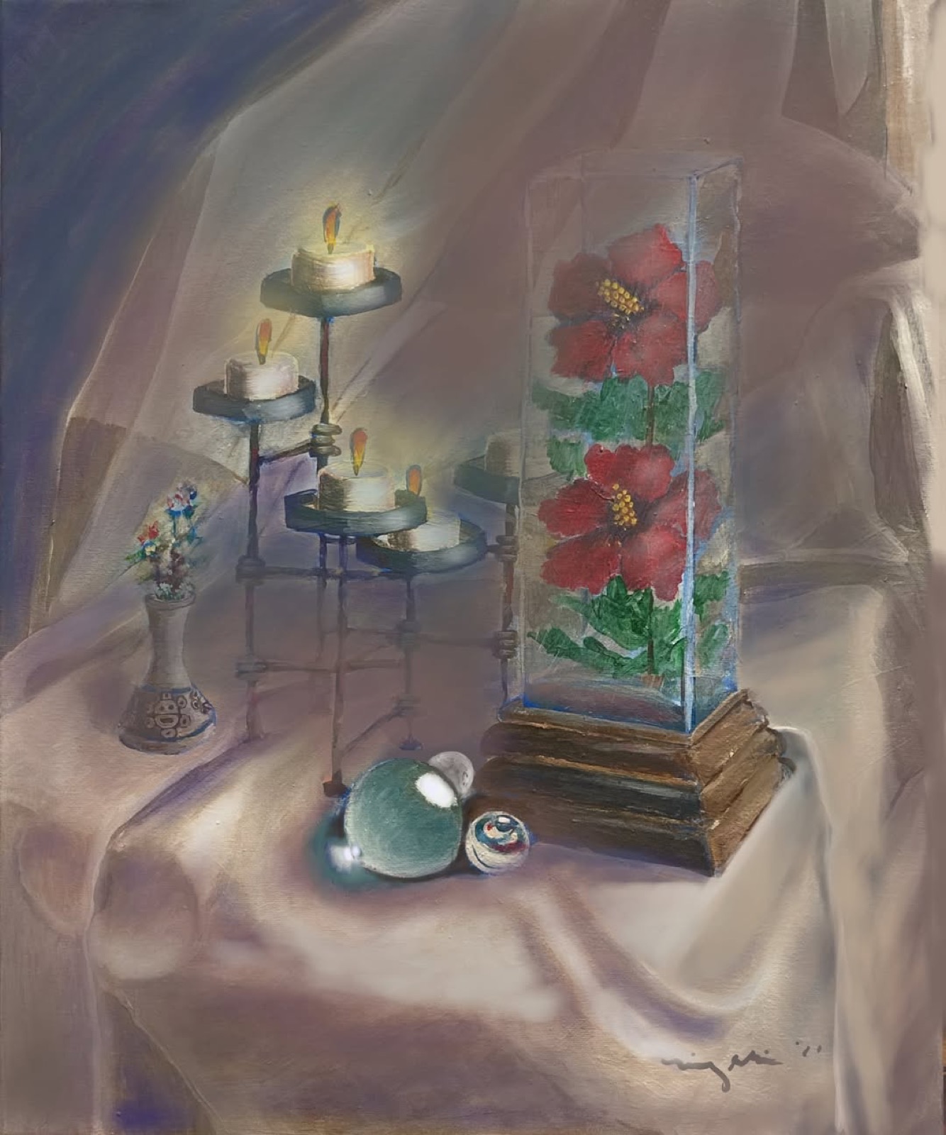 Candles and Glass Flower Case, acrylic