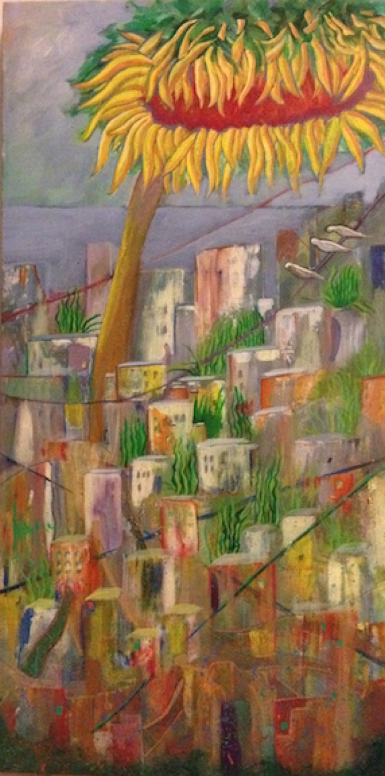 Sunflower Overlooking the City, acrylic